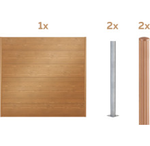 Un élément de clôture en bois avec deux poteaux métalliques