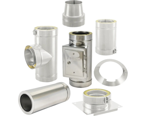 Verschiedene Edelstahl-Schornsteinrohre und -Verbindungsstücke für Ofenrohre.