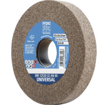 Meule PFERD Universal, 125 par 20 par 32 millimètres, grain 60, avec PFERD Logo et symboles de sécurité pour équipement de protection.