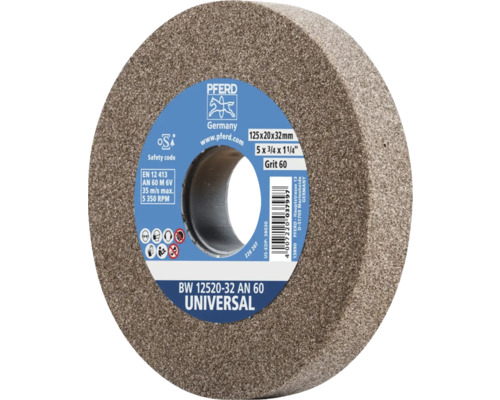 Meule PFERD Universal, 125 par 20 par 32 millimètres, grain 60, avec PFERD Logo et symboles de sécurité pour équipement de protection.