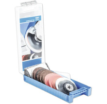 Set PFERD COMBICLICK avec divers disques abrasifs et disques en non-tissé dans un support en plastique bleu.