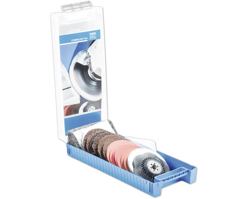 Set PFERD COMBICLICK avec divers disques abrasifs et disques en non-tissé dans un support en plastique bleu.