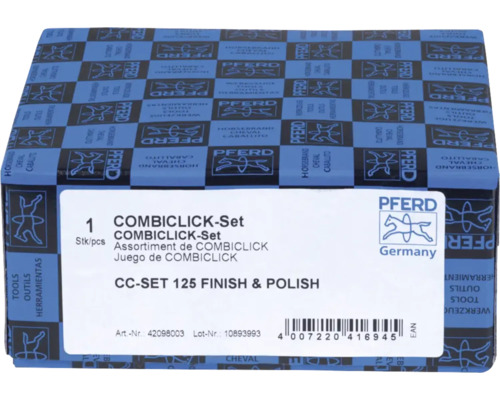 Assortiment Pferd COMBICLICK CC-SET 125 Finish et Polish dans un emballage en carton avec Pferd Logo.