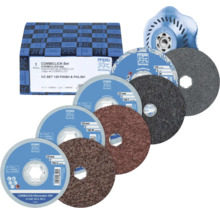 Set PFERD COMBICLICK CC-SET 125 millimètres Finish et Polish avec différents disques en non-tissé et un plateau de support.
