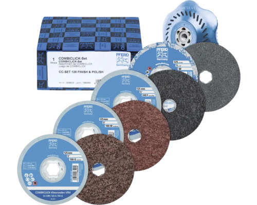 Set PFERD COMBICLICK CC-SET 125 millimètres Finish et Polish avec différents disques en non-tissé et un plateau de support.