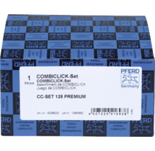 Assortiment PFERD COMBICLICK CC-SET 125 PREMIUM dans un emballage en carton avec informations produit, code-barres et Logo PFERD.