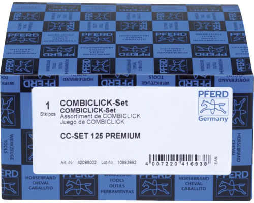 Assortiment PFERD COMBICLICK CC-SET 125 PREMIUM dans un emballage en carton avec informations produit, code-barres et Logo PFERD.
