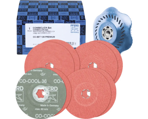 Set PFERD COMBICLICK CC-SET 125 PREMIUM avec disques à fibres, un plateau de support et l'emballage d'origine.