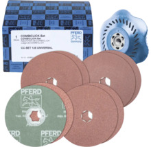 Kit PFERD CombiClick 125 millimètres Universal avec plusieurs disques abrasifs et un plateau de ponçage bleu.