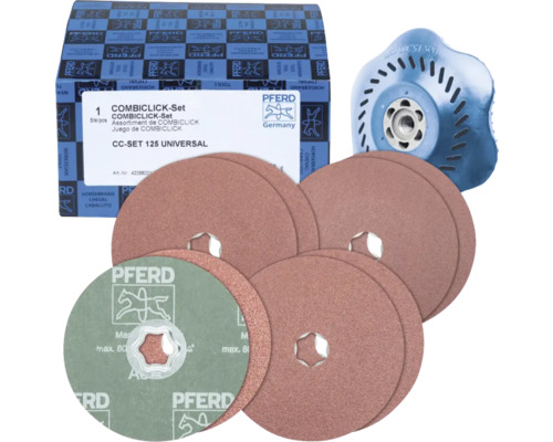 Kit PFERD CombiClick 125 millimètres Universal avec plusieurs disques abrasifs et un plateau de ponçage bleu.