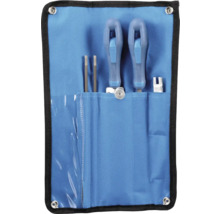 Jeu d'outils dans une trousse à outils bleue avec divers outils