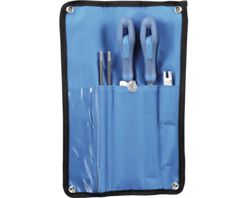 Jeu d'outils dans une trousse à outils bleue avec divers outils