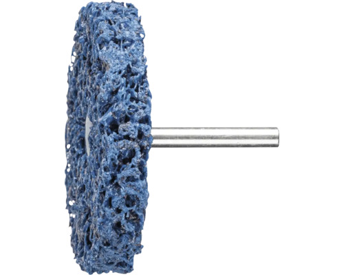 Disque de nettoyage bleu avec tige métallique pour perceuses pour le traitement des surfaces.