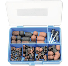 Kit de ponçage pour outils multifonctions dans un coffret de rangement bleu avec divers manchons abrasifs et mandrins.