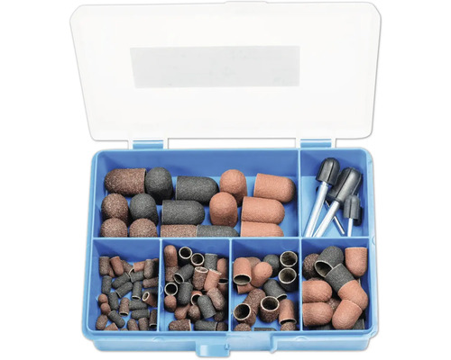 Kit de ponçage pour outils multifonctions dans un coffret de rangement bleu avec divers manchons abrasifs et mandrins.