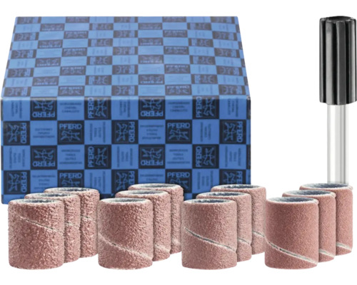 Lot de manchons de ponçage Pferd avec bandes abrasives brunes, un support en caoutchouc et une boîte bleue avec Pferd Logo.
