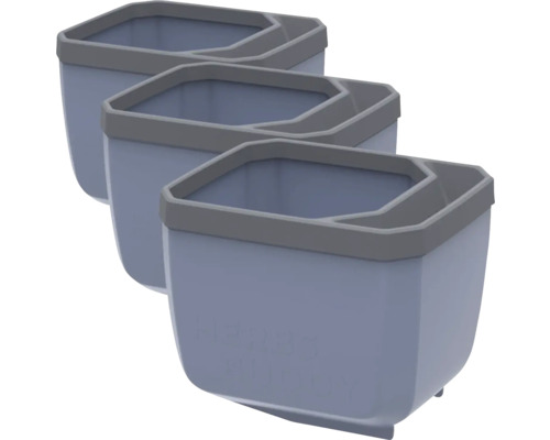 Trois pots de fleurs bleus avec un bord gris en rangée