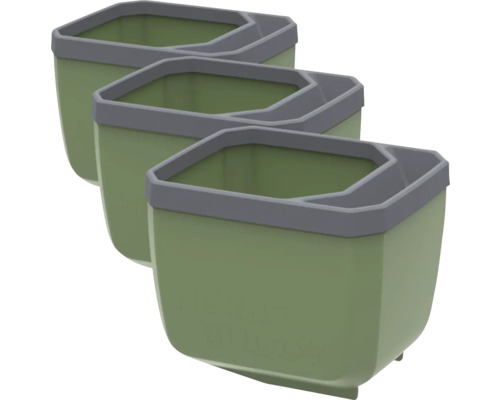 Trois jardinières en plastique vert avec bordure grise