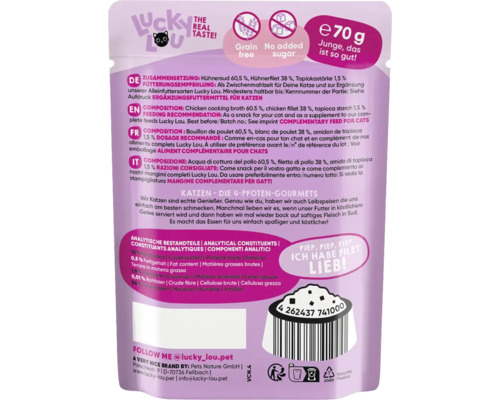 Aliment pour chat Lucky Lou, variété Filet, 70 grammes, sans céréales, sans sucre ajouté