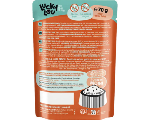 Lucky Lou Katzensnack mit Thunfisch und Lachs, getreidefrei und ohne Zuckerzusatz