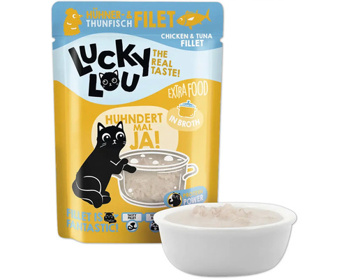 Lucky Lou Hühner- und Thunfischfilet Katzenfutter Packung und Schale