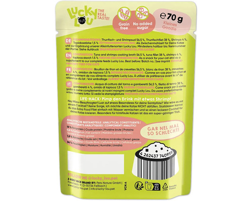 Snack pour chat Lucky Lou au thon et aux crevettes, sans céréales et sans sucre ajouté