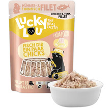 Lucky Lou Hühner- und Thunfischfilet Katzenfutter mit Gelee in einer Schüssel