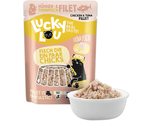 Lucky Lou Hühner- und Thunfischfilet Katzenfutter mit Gelee in einer Schüssel
