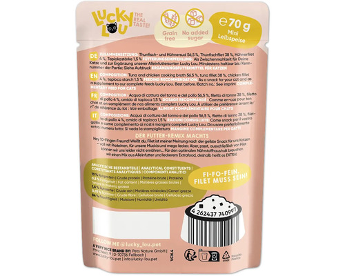 Lucky Lou Katzenfutter Mini-Leibspeise mit Thunfisch und Huhn, getreidefrei und ohne Zuckerzusatz