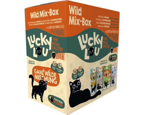 Lucky Lou Wild Mix-Box Katzenfutter mit Geflügel, Fasan, Kaninchen, Rind, Wildschwein und Hirsch