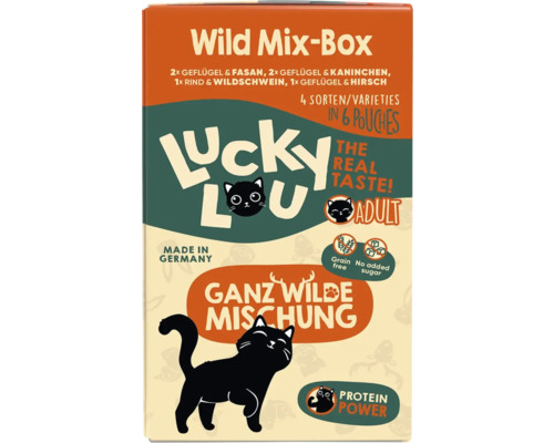 Lucky Lou Wild Mix Box Katzenfutter mit vier Sorten in sechs Portionsbeuteln