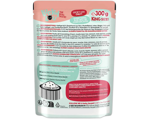 Informations sur la nourriture pour chat Lucky Lou, King Size, paquet de 300 grammes