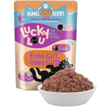 Alimentation humide Lucky Lou pour chats adultes à la volaille, au canard et à la courge, 300 grammes