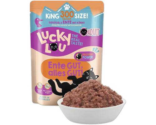 Alimentation humide Lucky Lou pour chats adultes à la volaille, au canard et à la courge, 300 grammes