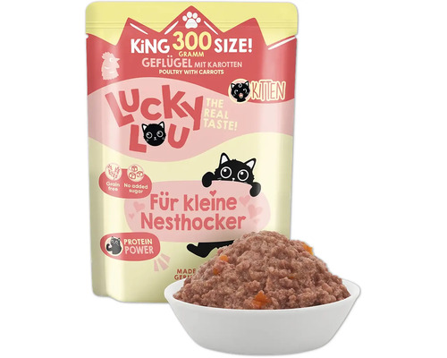 Lucky Lou Katzenfutter Geflügel mit Karotten im 300 Gramm Beutel mit Schale