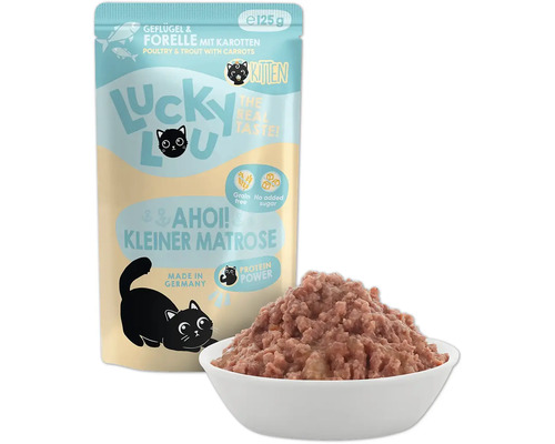 Lucky Lou Katzenfutter Geflügel und Forelle mit Karotten für Kätzchen, mit Schüssel