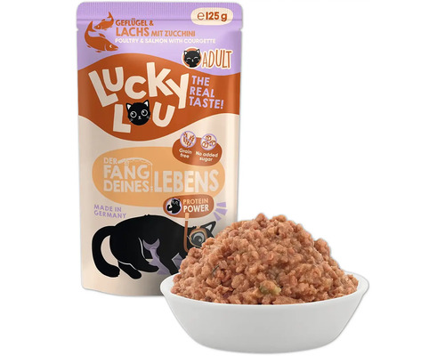 Lucky Lou Katzenfutter Geflügel und Lachs mit Zucchini, 125 Gramm