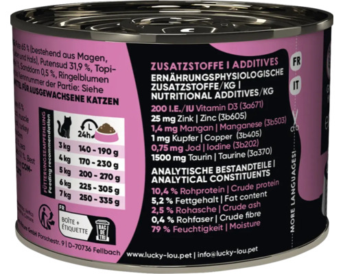 Boîte de nourriture pour chats avec recommandation d'alimentation et liste des ingrédients