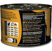Boîte de nourriture pour chat Lucky Lou avec recommandation d'alimentation et informations sur le contenu