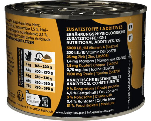Boîte de nourriture pour chat Lucky Lou avec recommandation d'alimentation et informations sur le contenu
