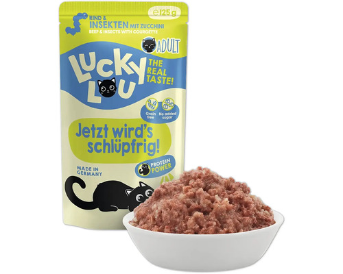 Lucky Lou Adult Katzenfutter mit Rind, Insekten und Zucchini im Frischebeutel mit Schale