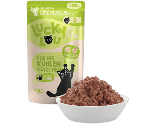 Lucky Lou Katzenfutter Geflügel und Rind mit Karotten für Kätzchen, Getreidefrei und ohne Zuckerzusatz
