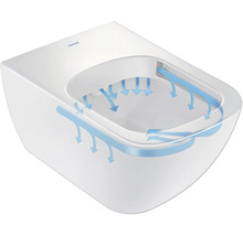 Wand-WC mit schematischer Darstellung des Spülvorgangs