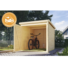 Fahrradgarage aus Holz mit geöffneter Tür und einem Fahrrad im Inneren