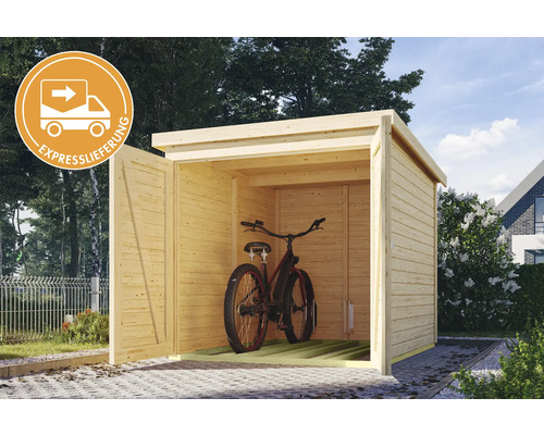 Fahrradgarage aus Holz mit geöffneter Tür und einem Fahrrad im Inneren