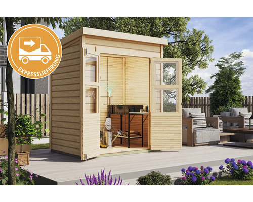 Abri de jardin en bois avec portes ouvertes et symbole de livraison express