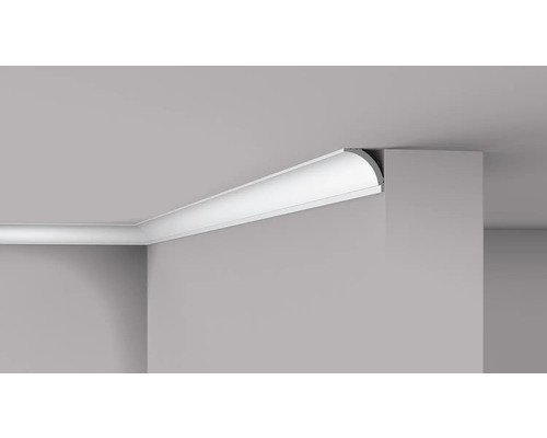 Vue en coin d'un plafond avec moulures décoratives