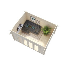 Innenansicht eines Holzgartenhauses mit Sofa, Regal, Zimmerpflanze und Bildern an der Wand