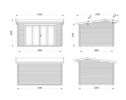 Technische Zeichnung eines Gartenhauses mit Maßen