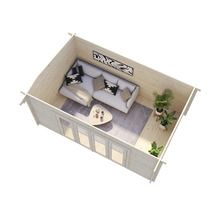 Vue intérieure d'un chalet de jardin moderne avec canapé, table et plantes.